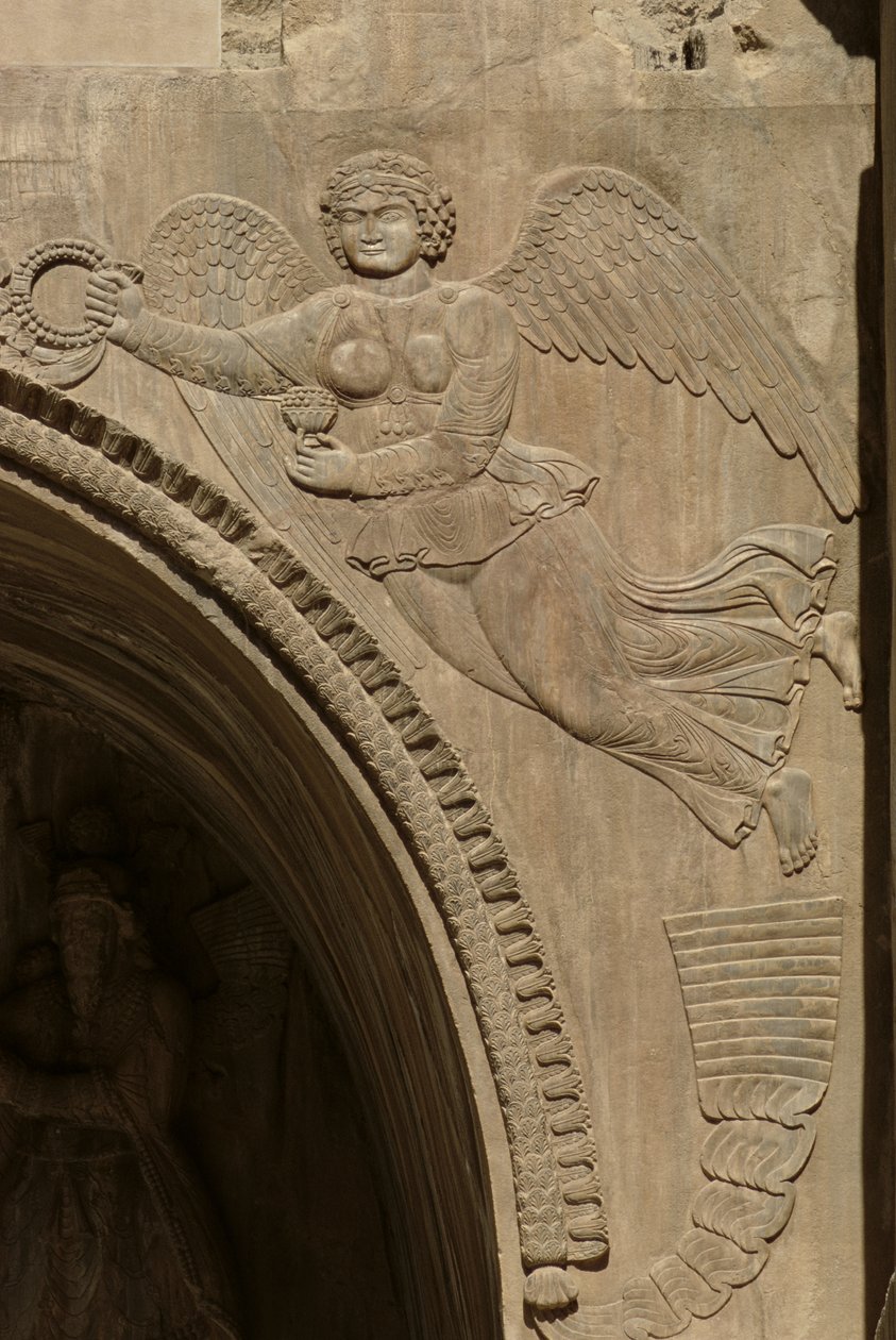 Geni holder en bolle med frukt, som symboliserer overflod, fra en spandrel av en aivans, 590-628 av Sasanian School