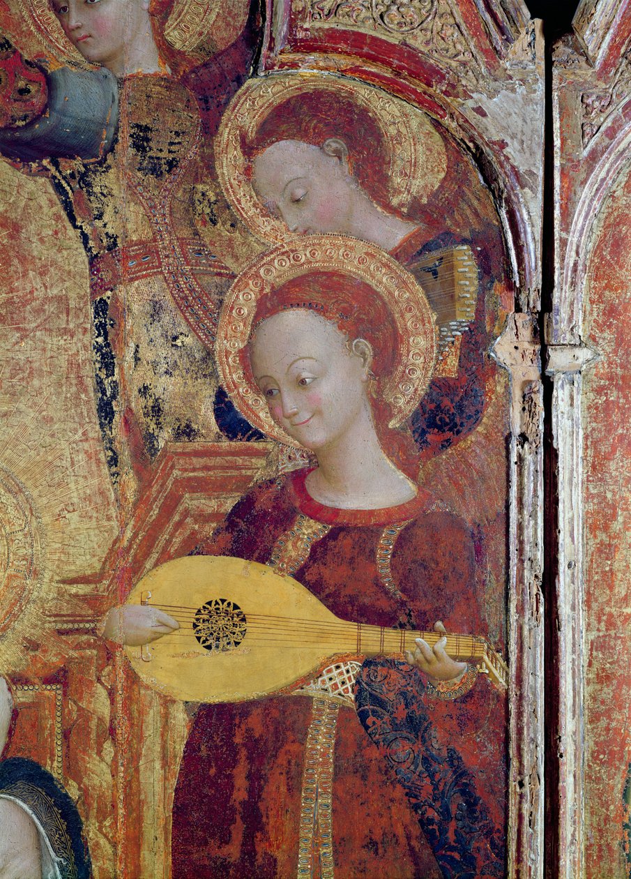 Detalj av englemusikere fra et maleri av jomfruen og barnet omgitt av seks engler, 1437-44 (olje og gull på tre) av Stefano Sassetta