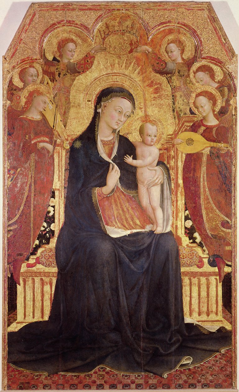 Madonna and Child Enthroned with Six Angels, sentralpanel fra en altertavle, 1437-44 (detalj av 95743) av Stefano Sassetta