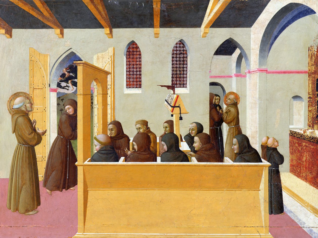 The Damnation of the Soul of the Miser of Citerna, predella-panel fra polyptyken til San Francesco di Borgo San Sepolcro, 1426-44 av Stefano Sassetta