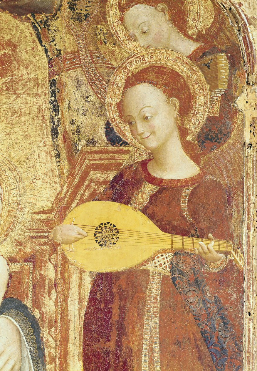 Jomfru og barn tronet med seks engler, detalj av en englemusiker, 1437-44 (se 95743) av Stefano Sassetta