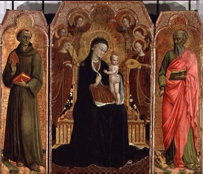 Madonna and Child Enthroned with Six Angels, SS. Anthony av Padua og Johannes evangelisten, 1437-44 (se 95744 for predella) av Sassetta c.1392 1450 Sassetta c.1392 1450