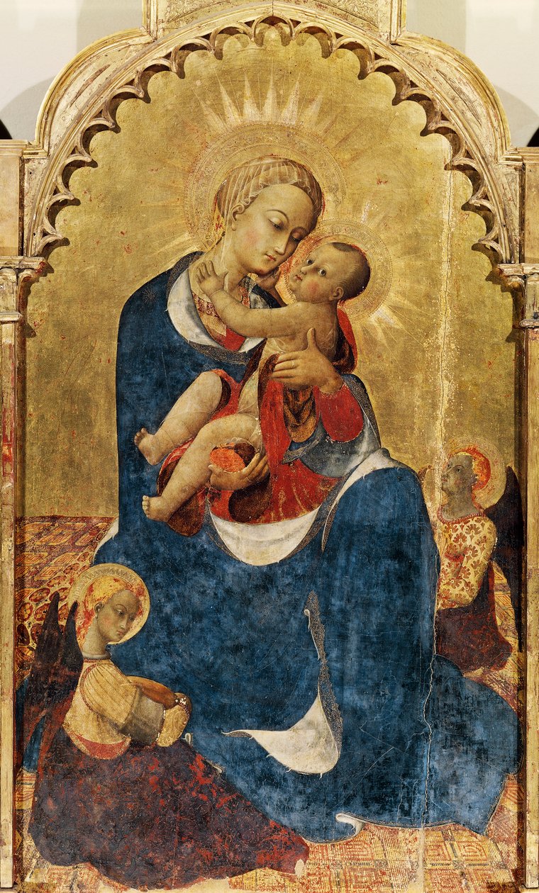 Madonna and Child, sentralpanel av altertavlen til St Dominic of Cortona, ca 1434, av Sassetta (ca 1400-1450), tempera og gull på tre, 52x132 cm av Sassetta (c.1392 1450)
