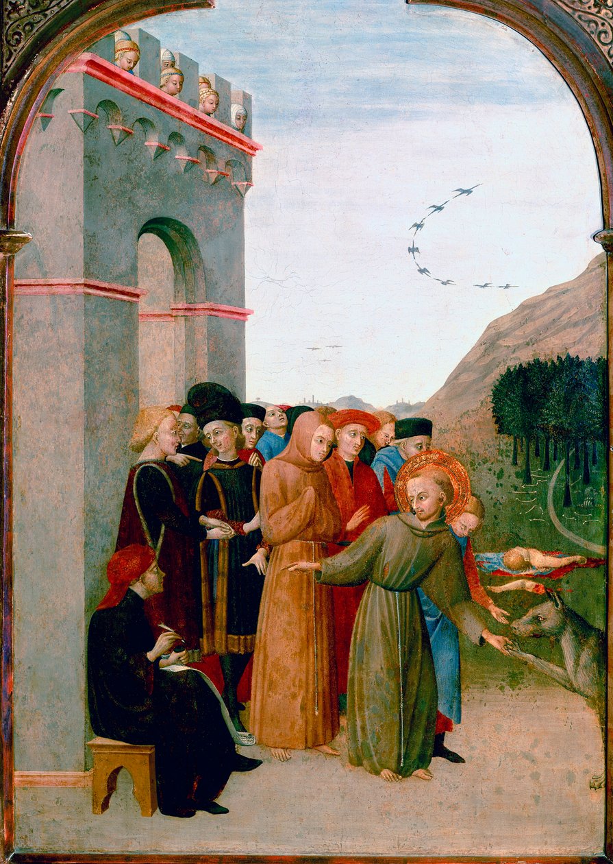 Saint Francois av Assisi snakker med ulven fra Gubbio (detalj) (eggtempera på poppelpanel) av Sassetta (c.1392 1450)