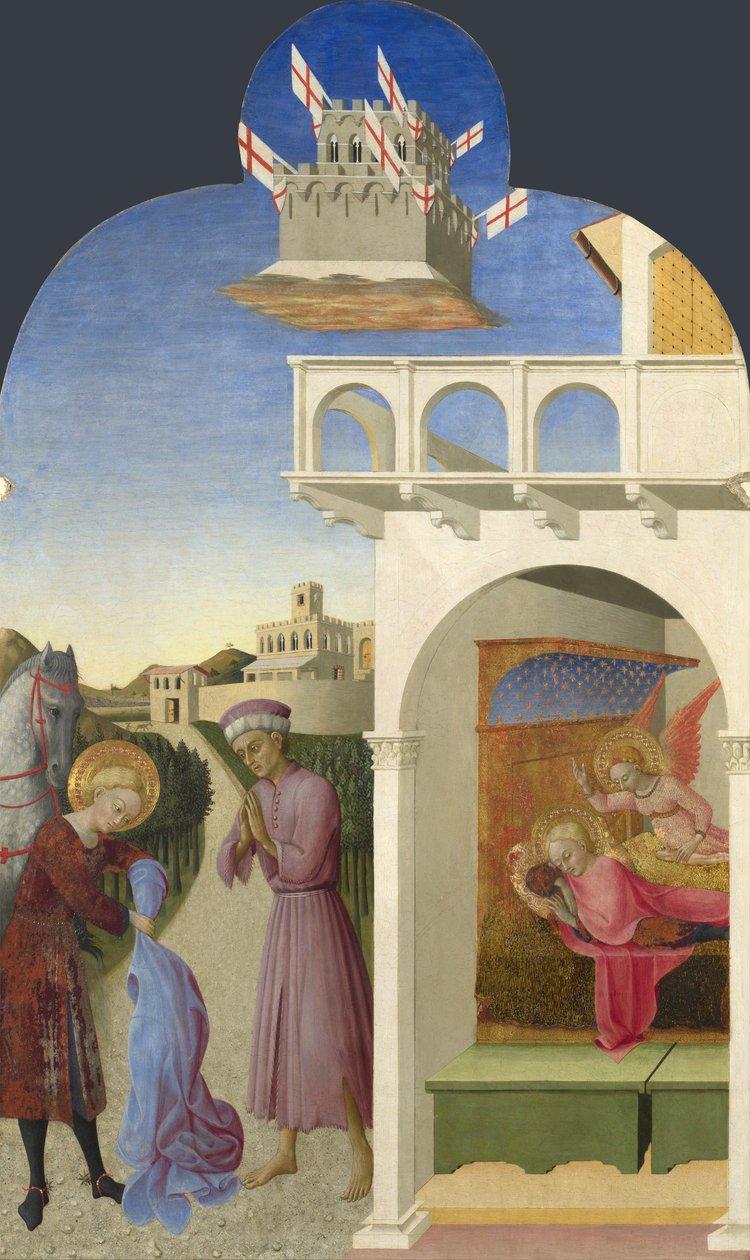 Den hellige Frans og den fattige ridder, og Fransisk syn fra Borgo del Santo Sepolcro altertavle, 1437-1444 av Sassetta