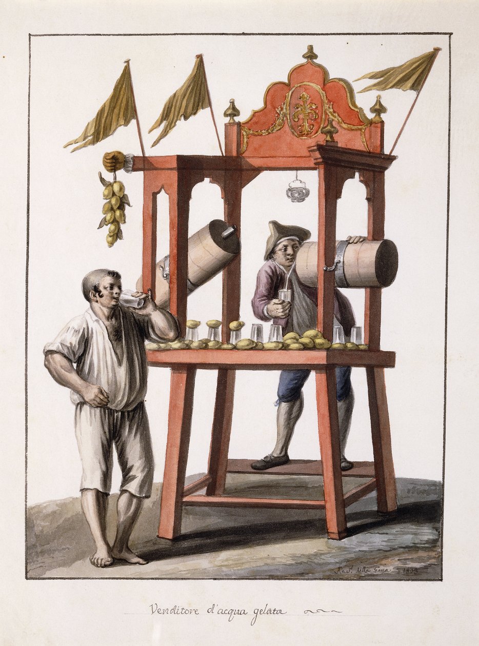 Selger av isvann; og Neopolitan Costume of the Wagon; Frossen vann selger; og Costume of the Napolitan Chariot av Saviero Xavier della Gatta