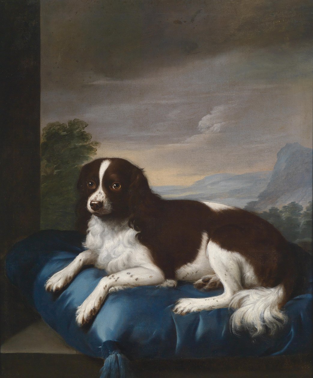 En engelsk springer spaniel på en pute av Sawrey Gilpin