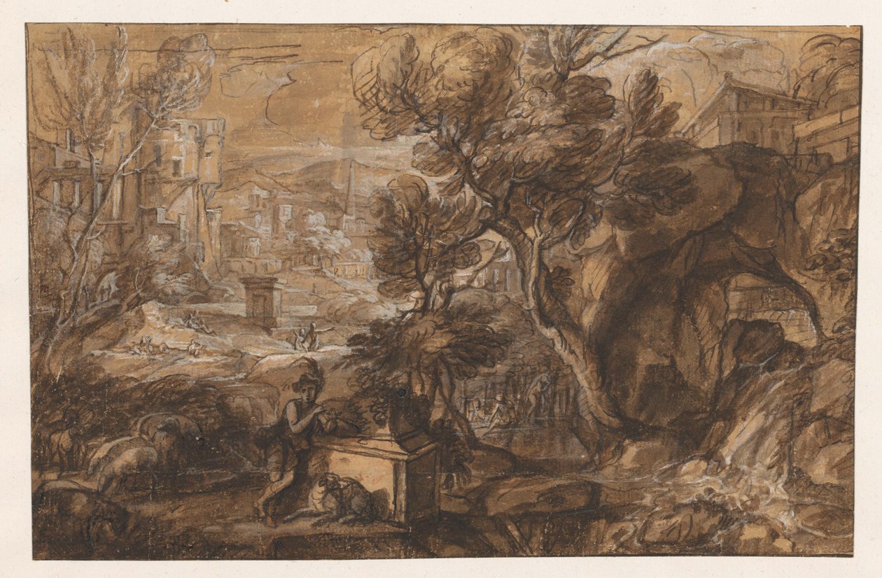 Landskap med en gjeter ved en antikk sarkofag av Sébastien Bourdon (attributed to)