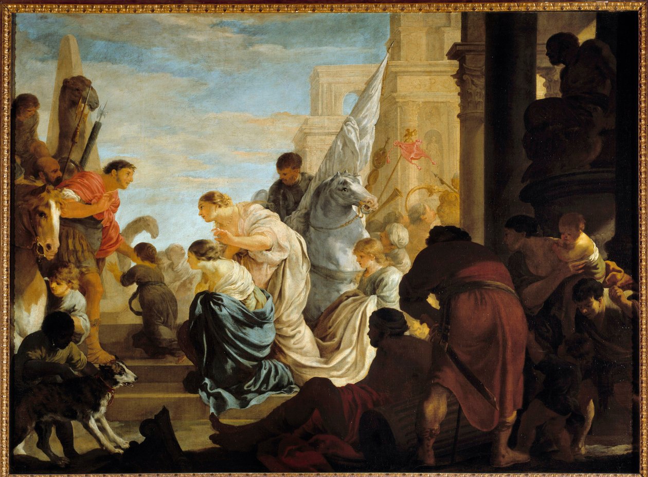 Møtet mellom Antoine og Cleopatre Dronningen av Egypt Cleopatre (79-30 f.Kr.) møter sin fremtidige elsker Marc Antoine (83-30 f.Kr.) trolig i Roma. Maleri av Sebastien Bourdon (1616-1671) 1600-tallet Søn. 1,45x1,97 m av Sébastien Bourdon