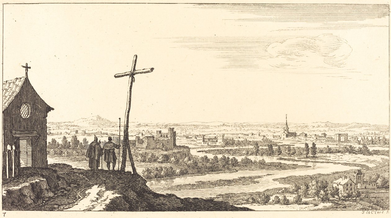 Landskap med kirke og by i avstand av Sébastien  Le Clerc I