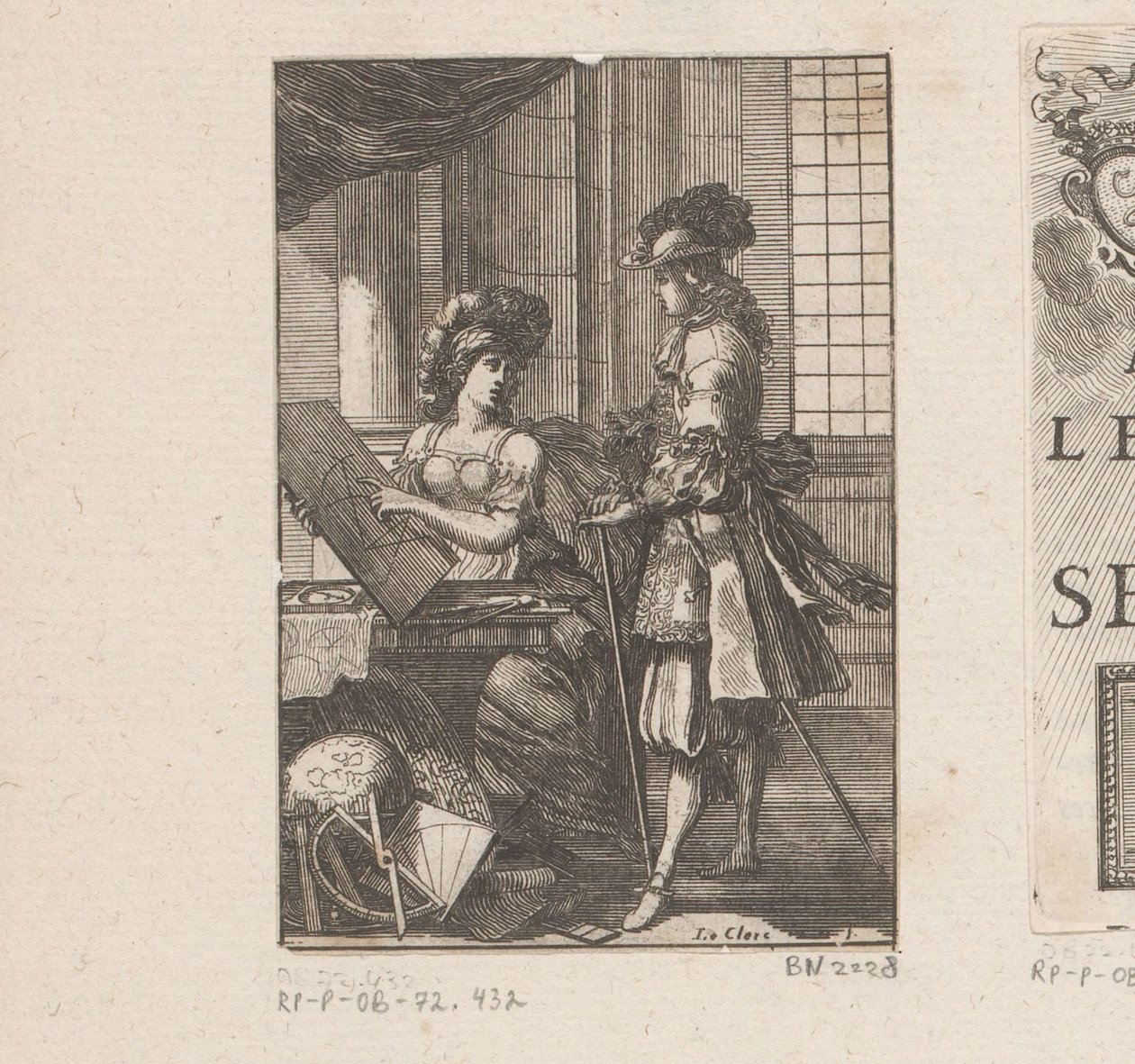 Geometri og ung mann med geometrisk tegning Tittelside for: Pratique de la géometrie, sur le papier et sur le terrain (...), 1669 av Sébastien Leclerc (I)