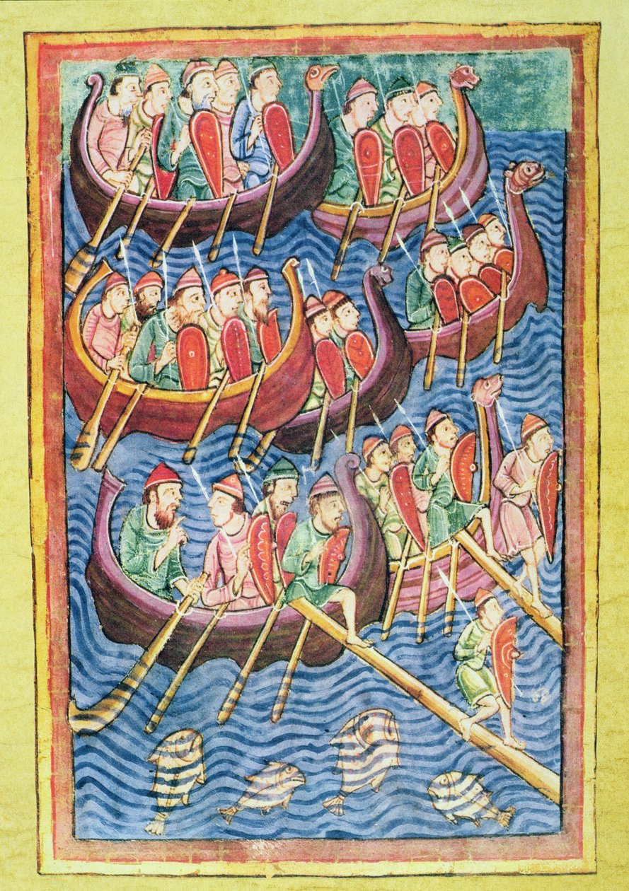 Vikinger går i land i England under den andre migrasjonsbølgen (vellum) av Scandinavian School