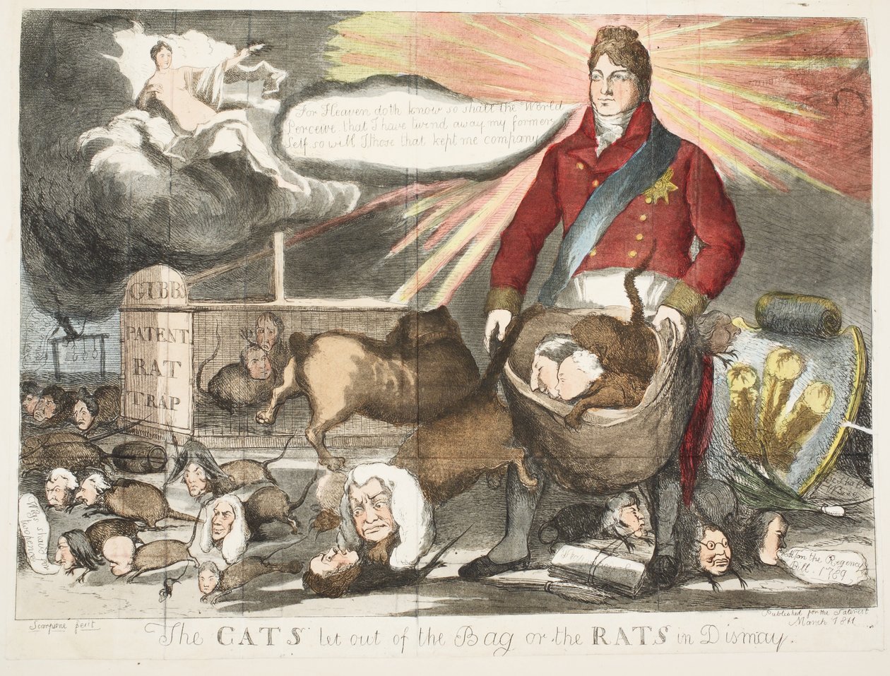 The Cats slipper ut av posen eller Rats in Dismay, pub mars 1811 (håndfarget etsning) av Scarpione