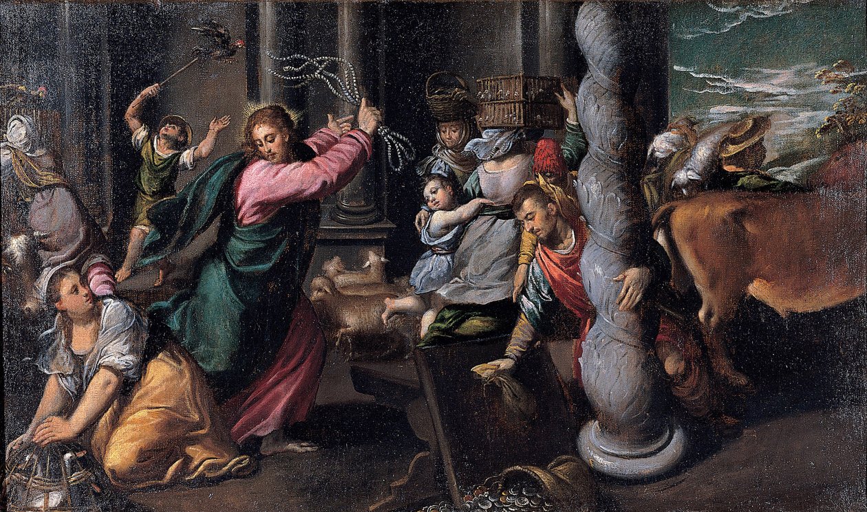 Kristus drev pengelånerne fra tempelet, 1580-1585 av Sigismondo Scarsellino