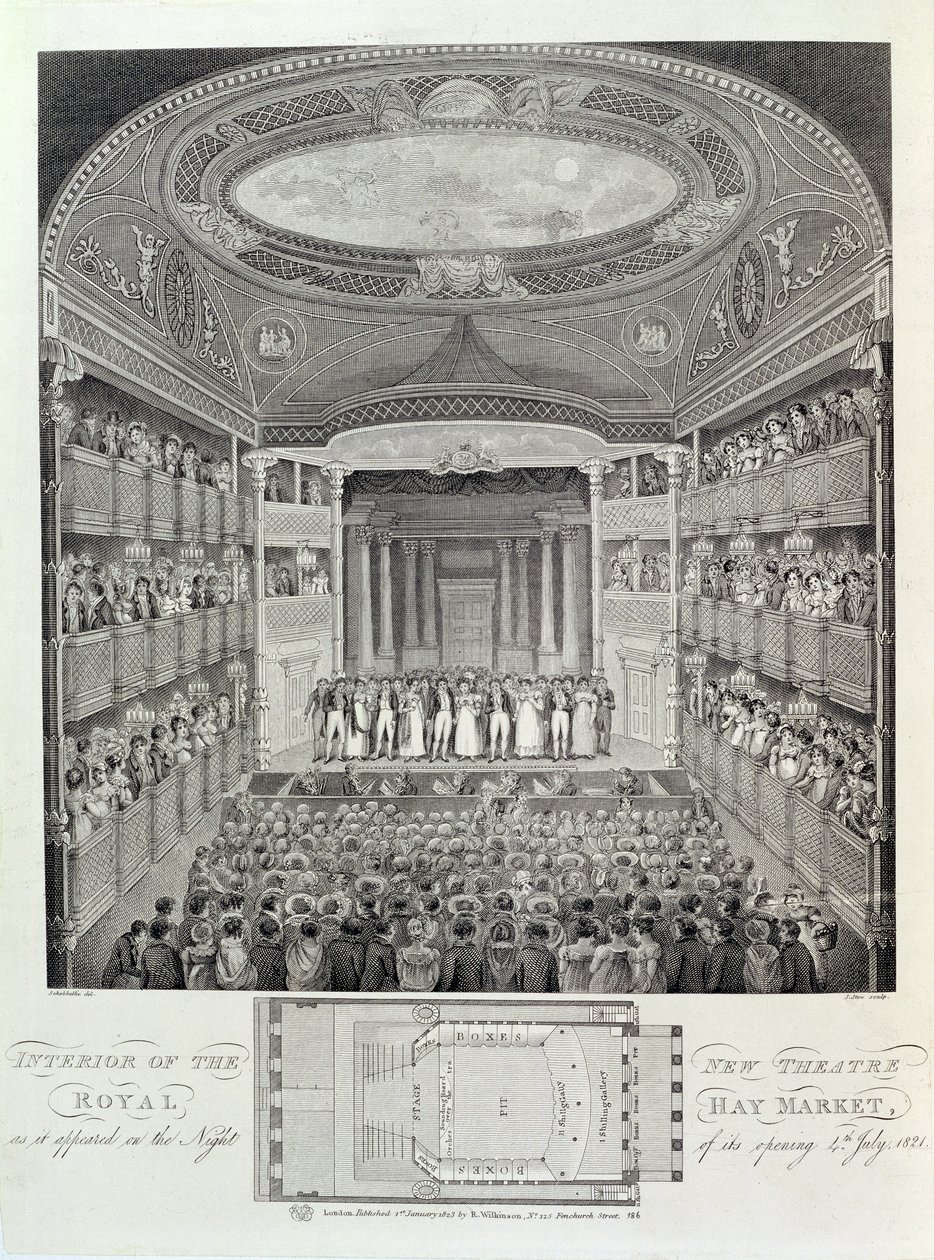 Interiøret til New Theatre Royal, Haymarket, slik det dukket opp natten til åpningen, 4. juli 1821, gravert av James Stow (ca. 1770-s.1823), 1823 av Schebbellie
