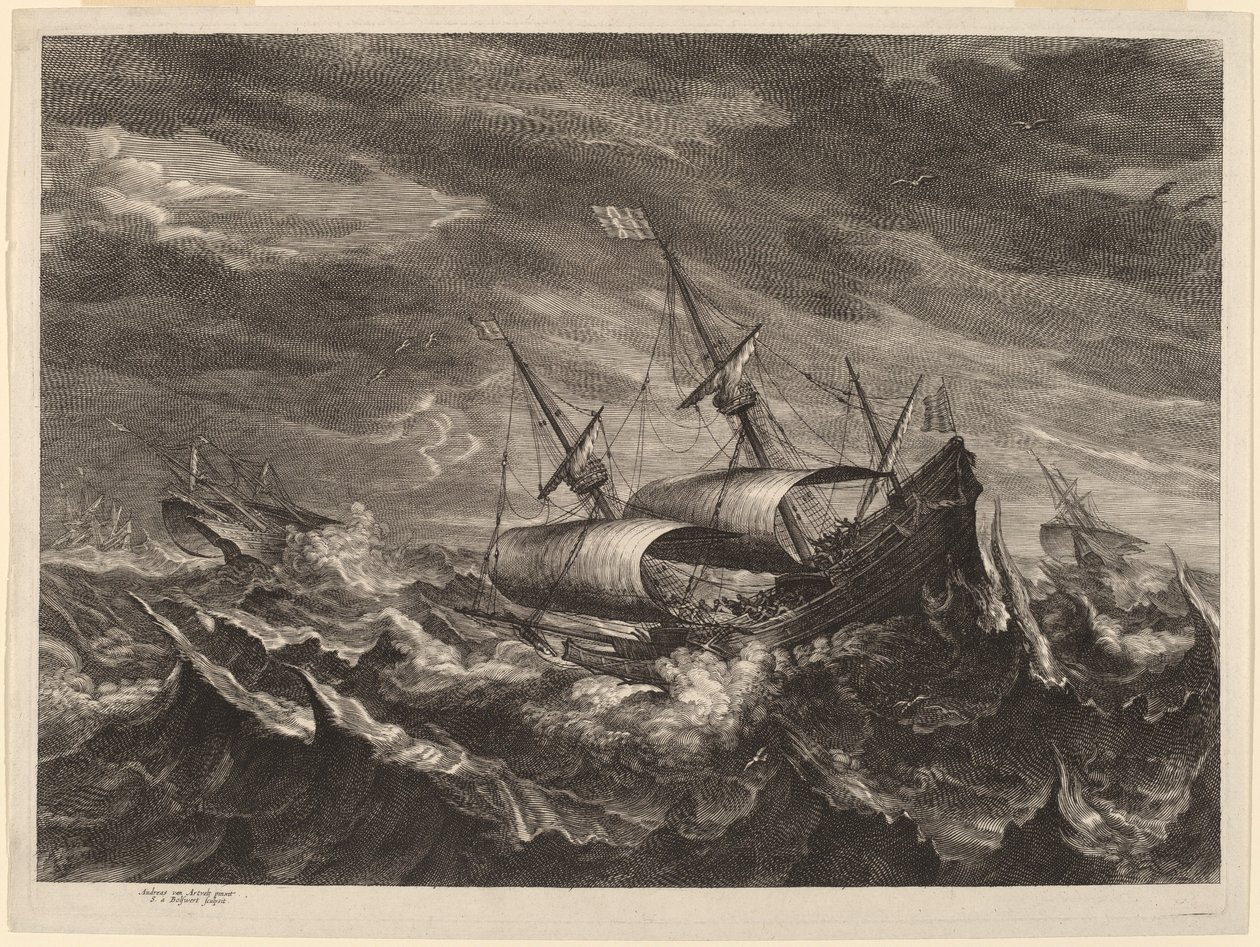 Seilbåter i en storm av Schelte Adams Bolswert after Andries van Eertvelt