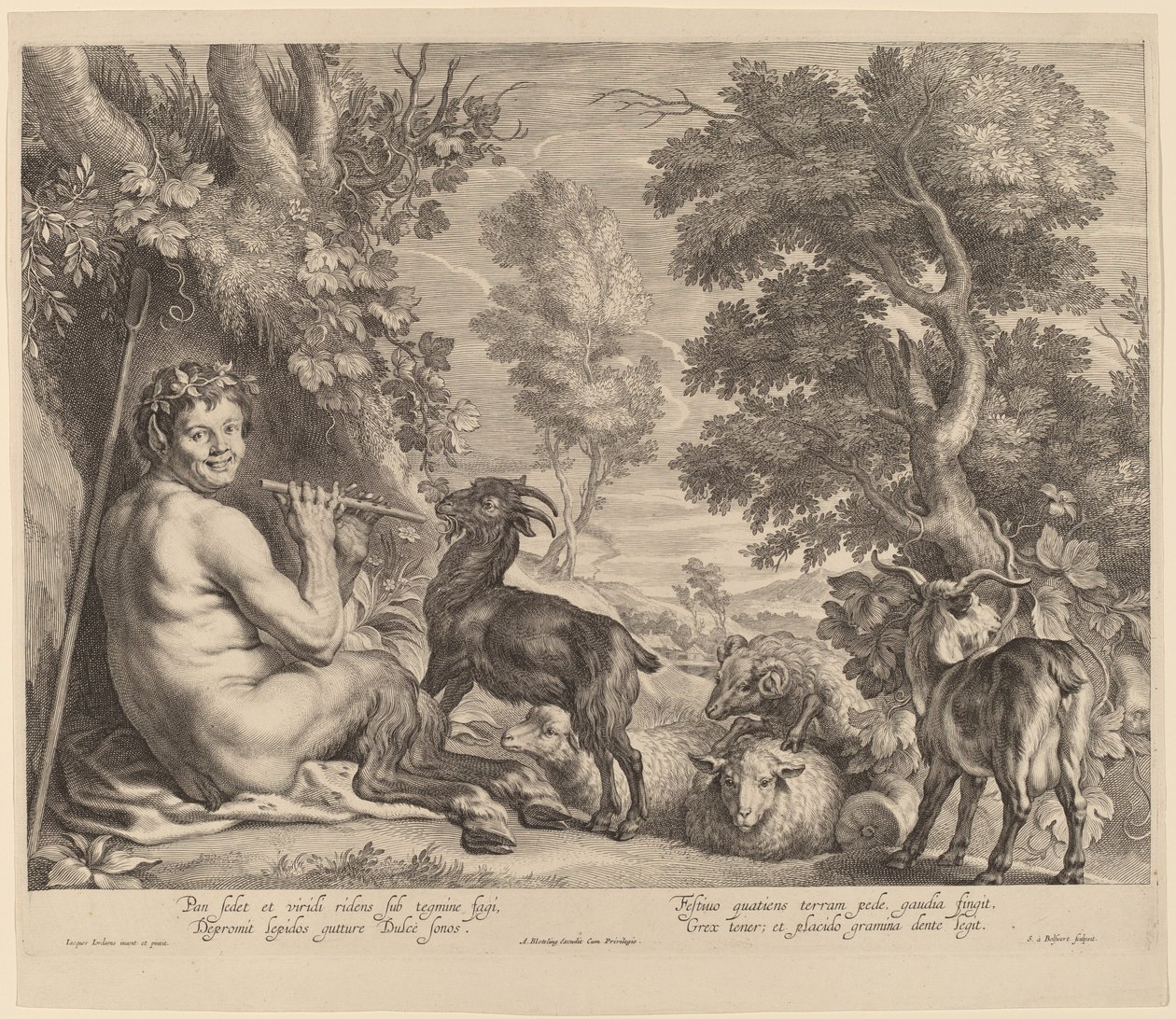 Pan spille på fløyte av Schelte Adams Bolswert after Jacob Jordaens