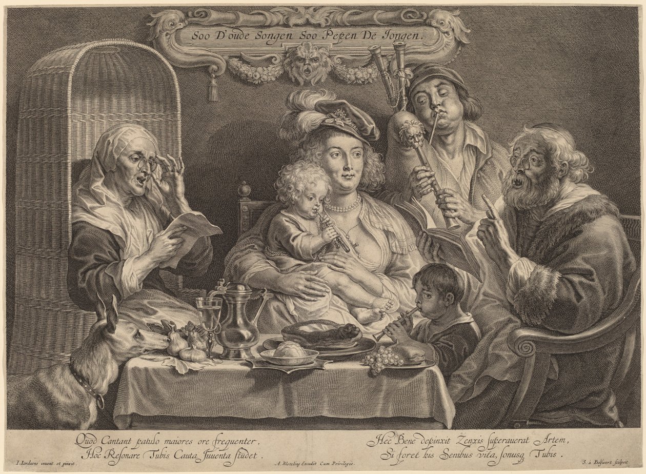 Familiekonserten (Som de gamle synger, så de unge twitter) av Schelte Adams Bolswert after Jacob Jordaens