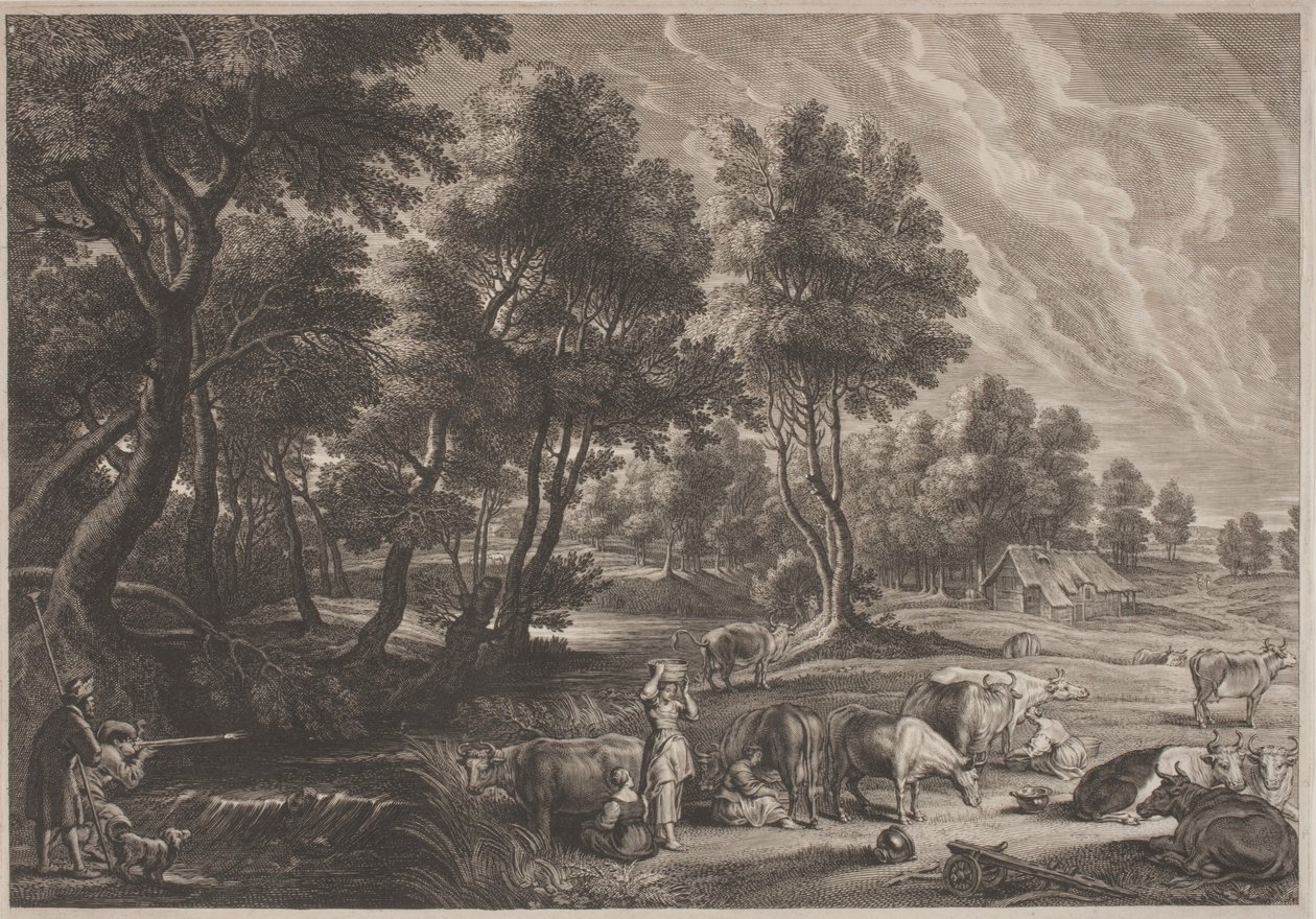 Gårdslandskap med jegere og melkepiker av Schelte Adams Bolswert, after Sir Peter Paul Rubens