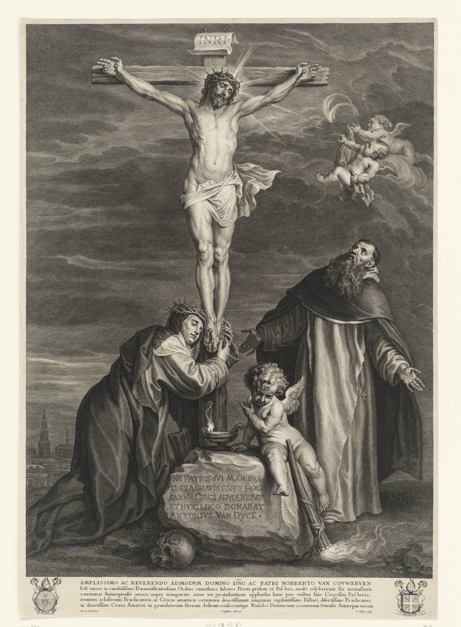 Kristus på korset med de hellige Katarina av Siena og Dominikus under korset av Schelte Adamsz. Bolswert