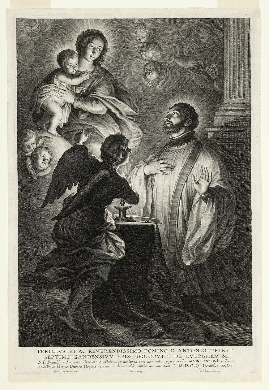 Jomfruen og barnet viser seg for Saint Francis Xavier av Schelte Adamsz. Bolswert