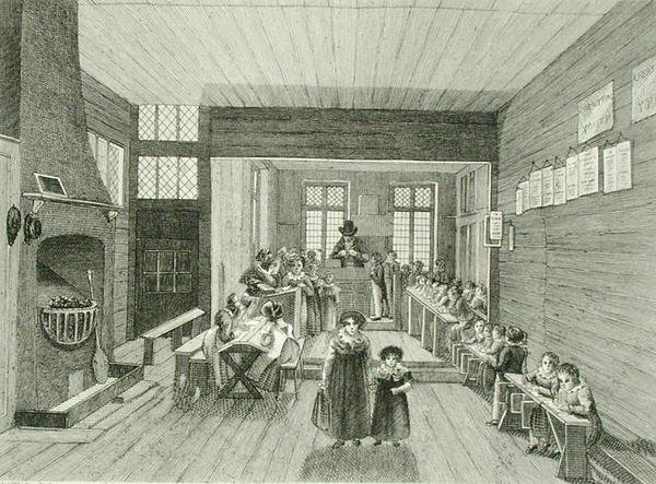 Innvendig utsikt over skolen forbundet med John Bunyans møtehus i Zoar Street, Southwark, gravert av Dale, 1822 (se også 192751) av Schnibbelee after Schnibbelee after