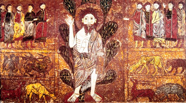 Døperen Johannes forkynner i ørkenen og omgitt av ville dyr, fra alterfronten til Gesera, 1200-tallet av School of Aragon