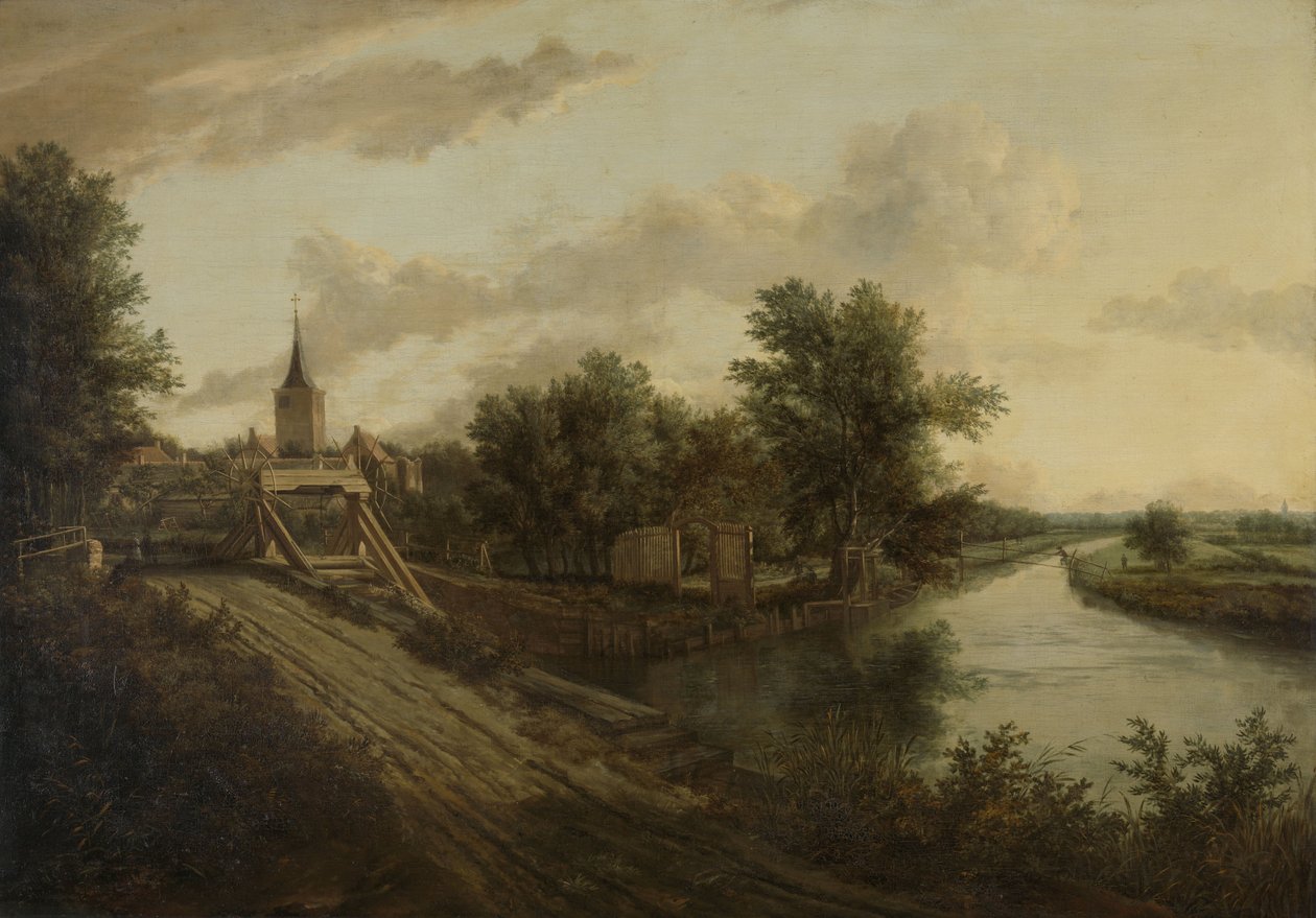 Landskap med rullende bro av School of Jacob van Ruisdael