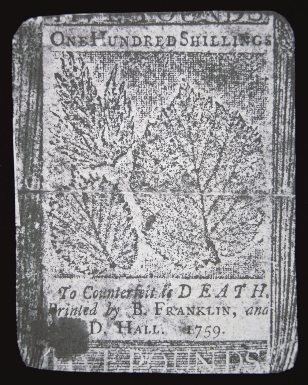 En seddel på 100 shilling designet og trykt av Benjamin Franklin i 1759 (litho) av School American