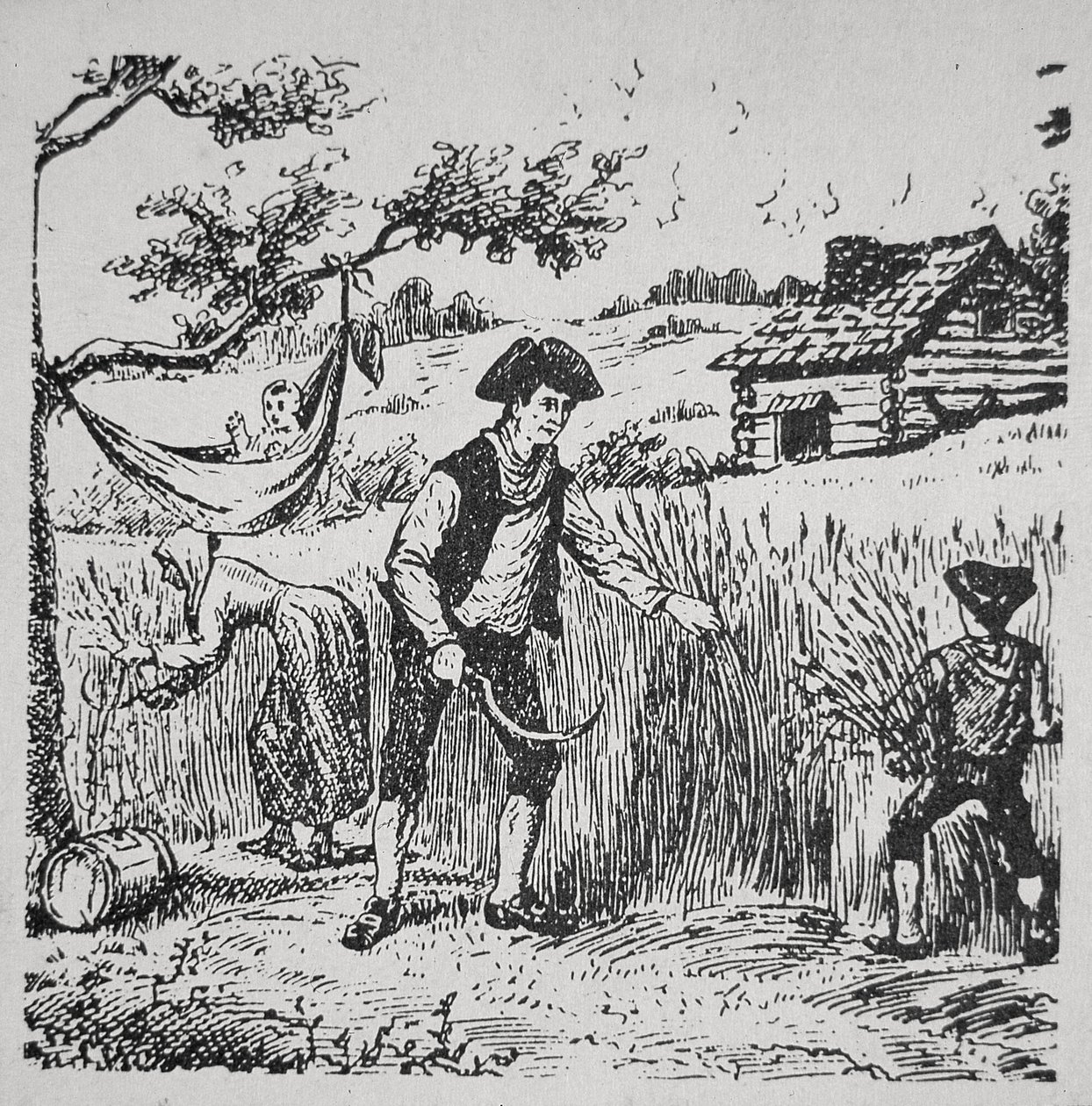 En familie som høster mais (litho) av School American
