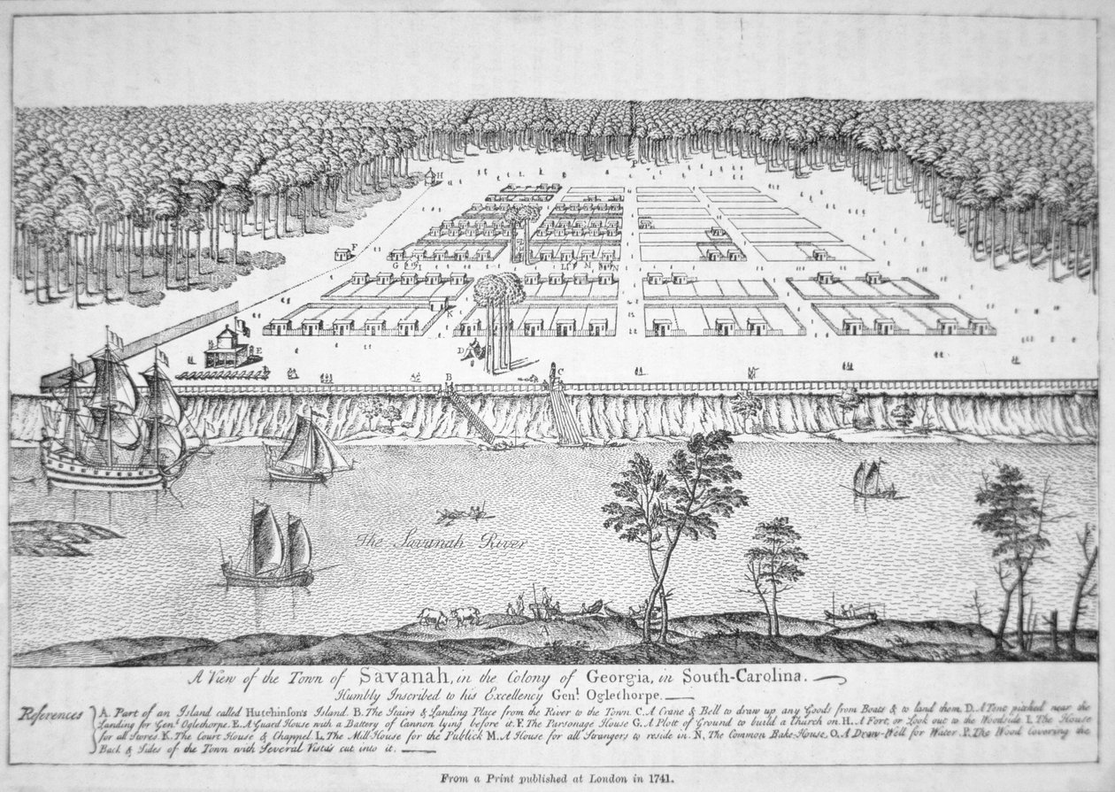 Utsikt over Savannah, Georgia i 1741 (litho) av School American