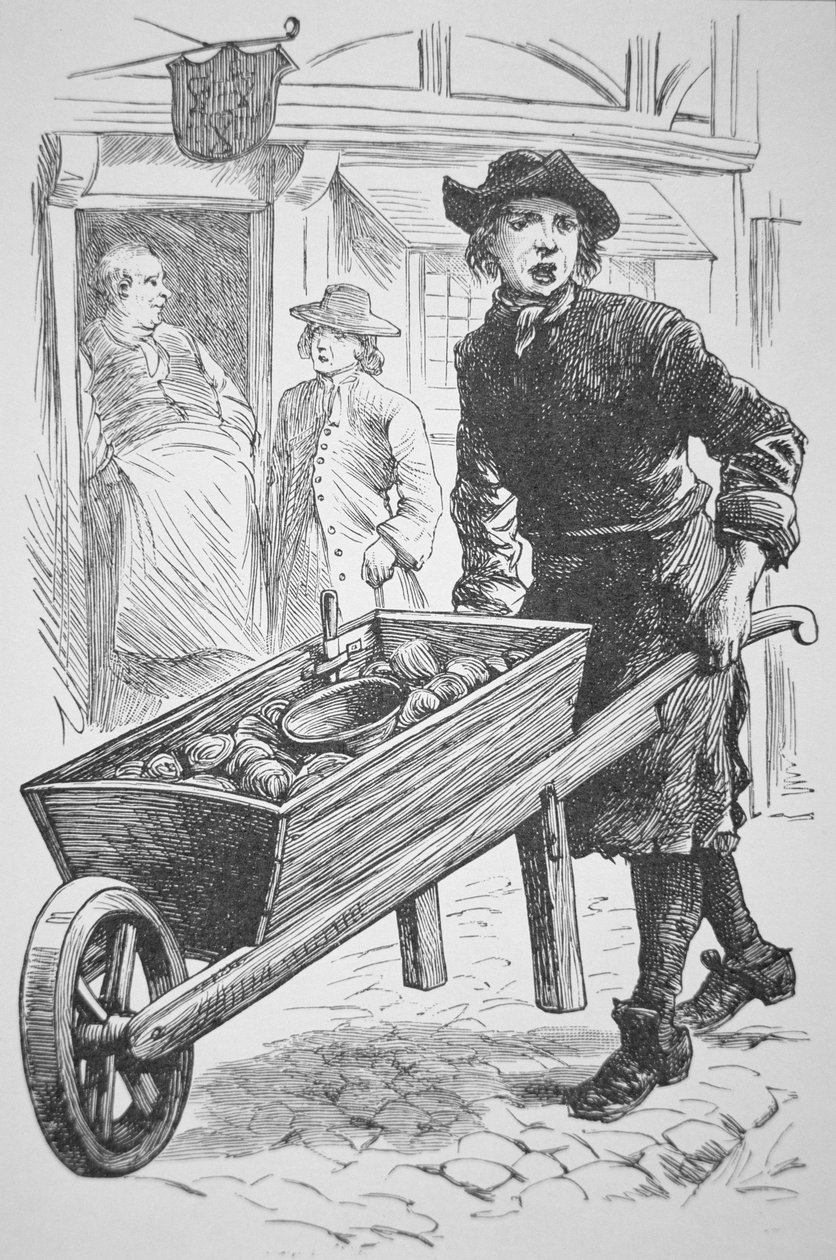 En østersmann i New England som solgte varene sine på 1600-tallet (litho) av School American