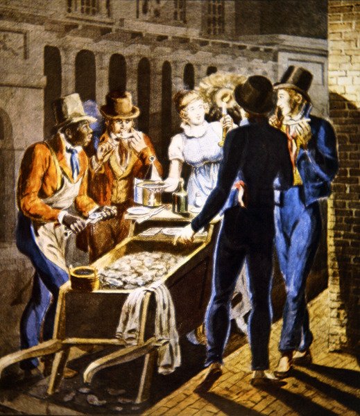 En østersmann som selger varene sine utenfor Chestnut Street Theatre i Philadelphia, ca. 1796 (akvarell på papir) av School American