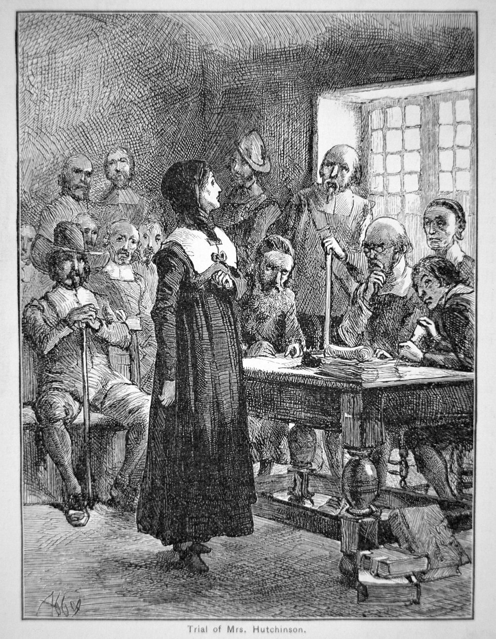 Anne Hutchinson tiltalt for å ha fornærmet det puritanske presteskapet i Massachusetts (litho) av School American