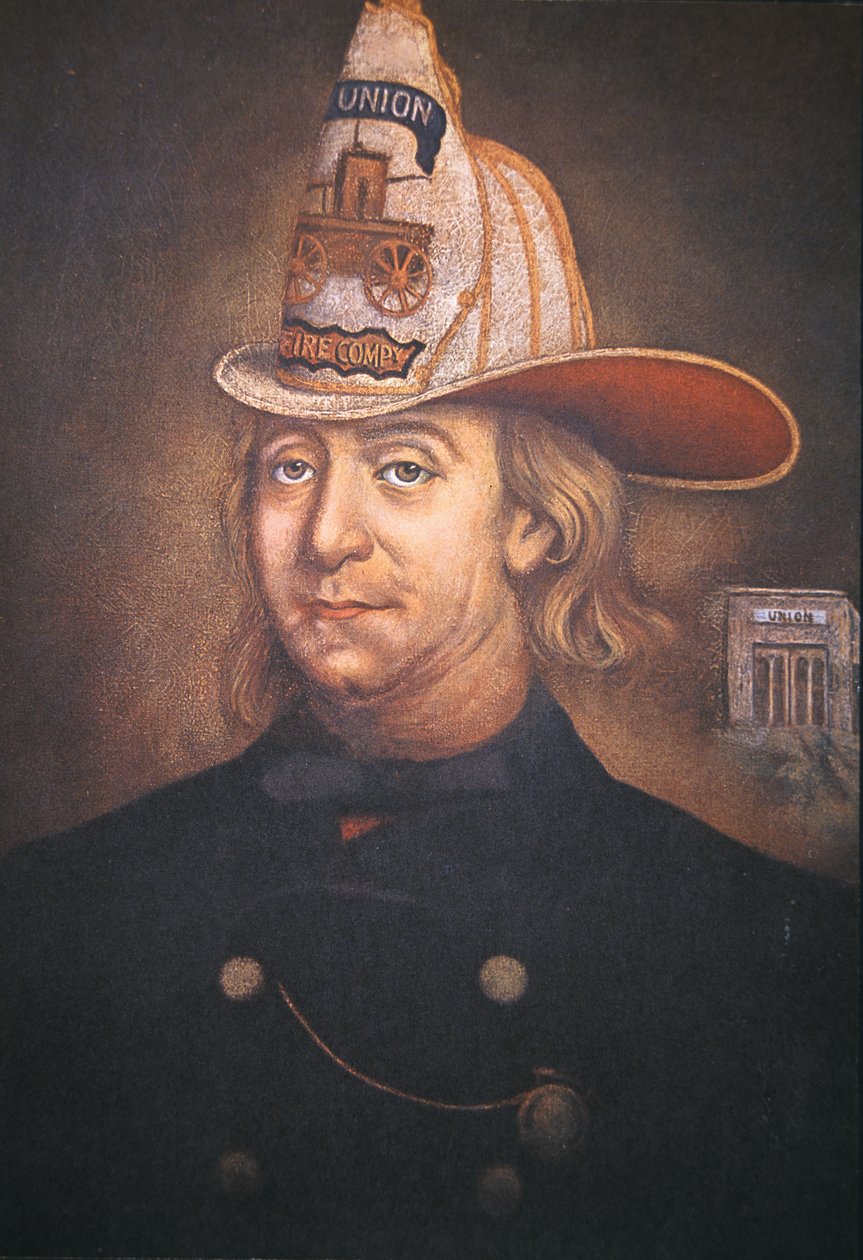 Benjamin Franklin iført uniformen til Union Fire Company som han grunnla i Philadelphia i 1736 (farge litho) av School American