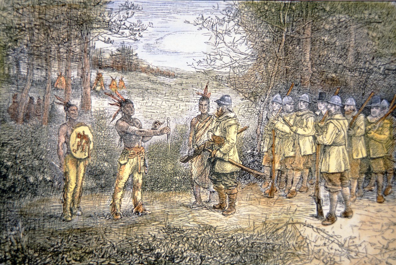 Kaptein Miles Standish handler med Wampanoag-indianere i 1621 (farge litho) av School American