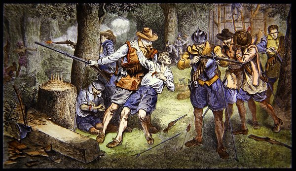 Forsvare spedbarnsoppgjøret mot indisk angrep i kolonien Jamestown, Virginia i 1607 (farge litho) av School American