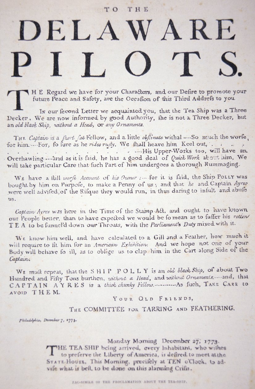 Faksimile av proklamasjonen fra Philadelphia-patriotene til Delaware-pilotene som advarer dem om ikke å forholde seg til det britiske teskipet, 7. desember 1773 (lito) av School American