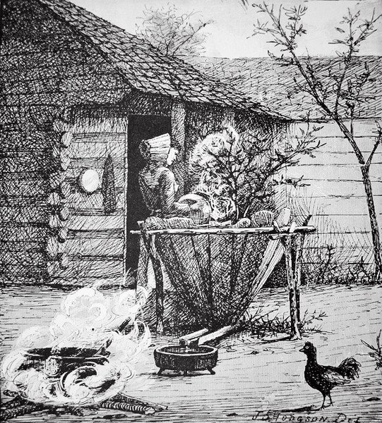 Gårdsscene - en kvinne ved et vaskekar, etter en illustrasjon av J. S. Hodgson (litho) av School American