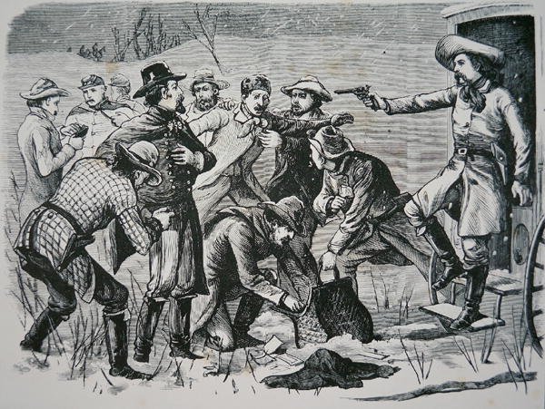 Fire banditter overmanner og plyndrer to offiserer og syv soldater nær Bismarck, Dakota-territoriet, fra 
