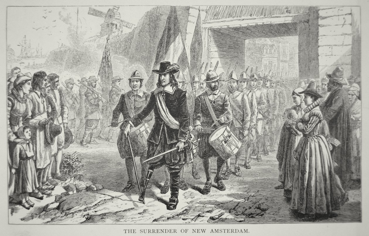 Guvernør Peter Stuyvesant overgir New Amsterdam til britene i 1664 (litho) av School American