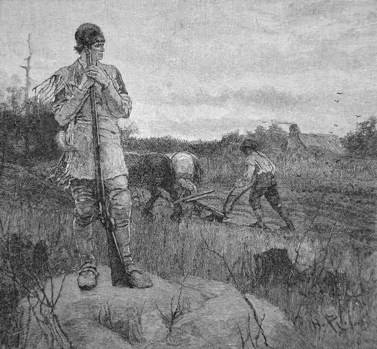Vokter en gård mot et indisk angrep, etter en illustrasjon av Howard Pyle (litho) av School American