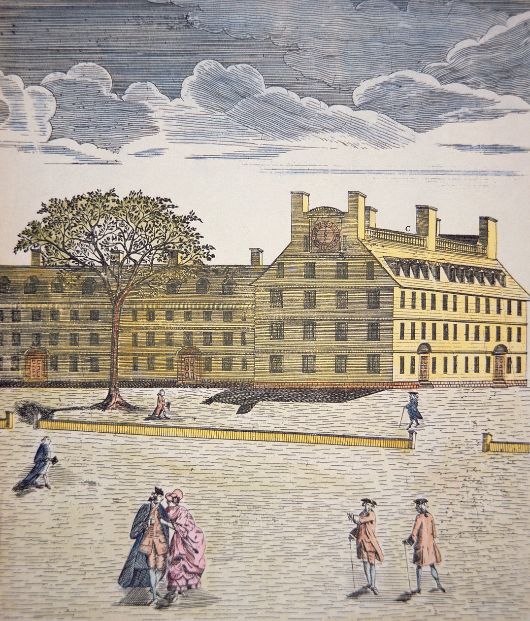 Harvard College, Cambridge, Massachusetts ca. 1740 (farge litho) av School American