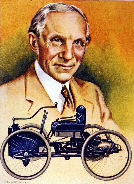 Henry Ford og hans første bil fra 1896 (farge litho) av School American