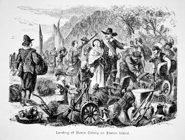 Landing av nederlandske kolonister på Staten Island, New York (litho) av School American