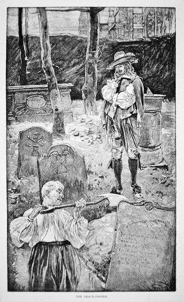 Livet i New England på 1600-tallet - Gravgraveren (litho) av School American