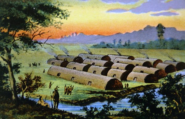 Manhattan Island, New York City, før nederlenderne slo seg ned her og viste en indisk landsby i Wapinger-konføderasjonen (farge litho) av School American