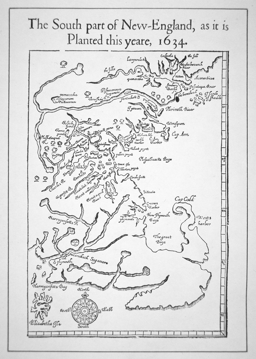 Kart inkludert Massachusetts Bay (litho) av School American