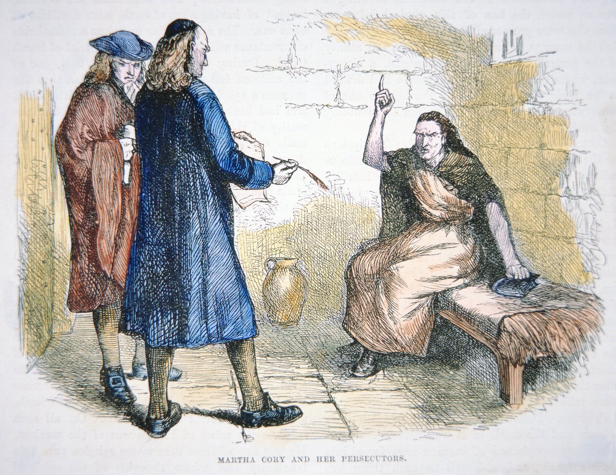 Martha Corey er anklaget for hekseri under Salem-hekseprosessene i 1692 (farge litho) av School American