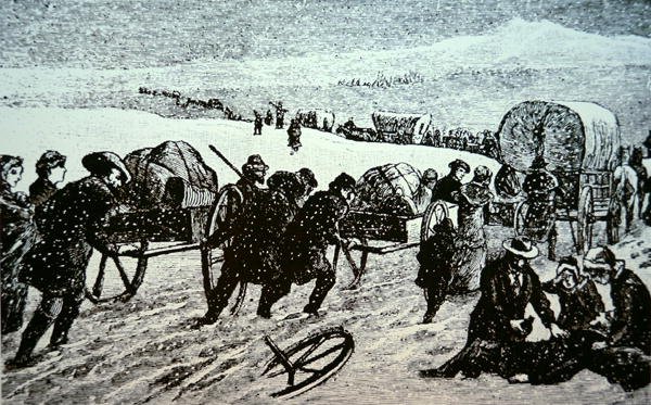 Mormonvogntog i en snøstorm på vei mot Salt Lake City, Utah (gravering) av School American